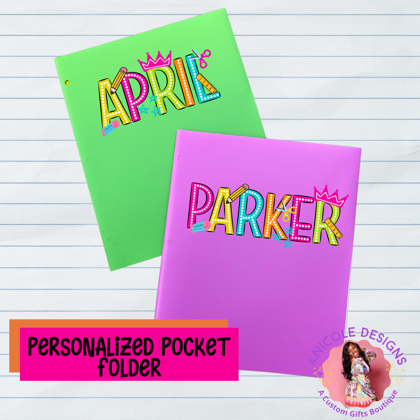 Plastic Pocket Folder w/ Name | 3-Prong Folder | Back to School