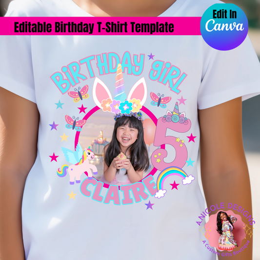 Unicorn Princess Editable Birthday T-Shirt Template