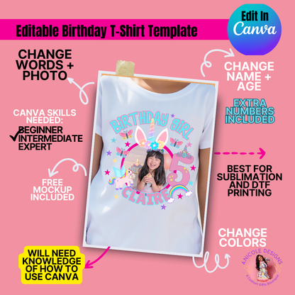 Unicorn Princess Editable Birthday T-Shirt Template